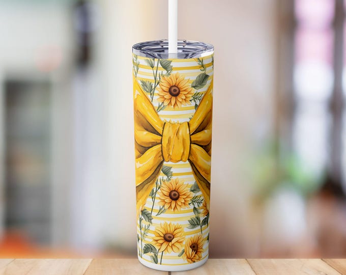 YellowBow Coquette Snowflakes Skinny Tumbler – 20oz Winter Aesthetic Cup, Cute Iced Coffee Tumbler with Straw, Feminine Holiday Gift Idea