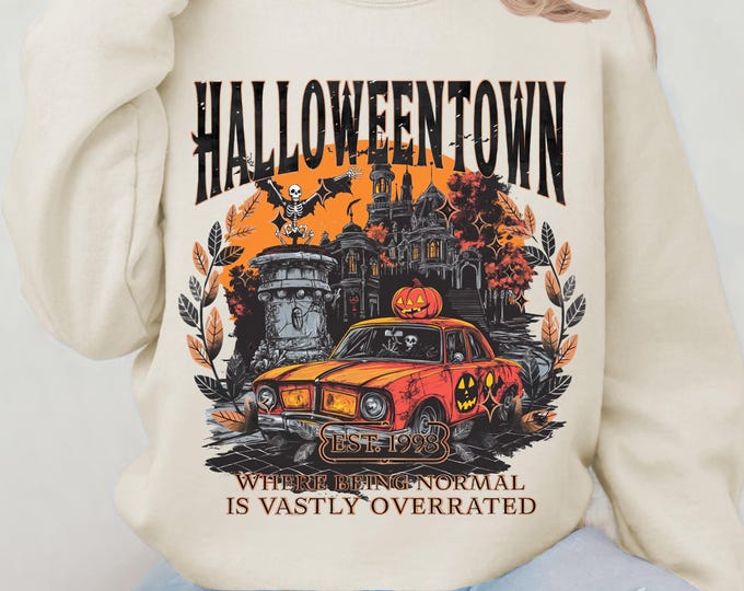 Halloween Themed Crewneck Sweatshirt: Spooky Season Car Graphic