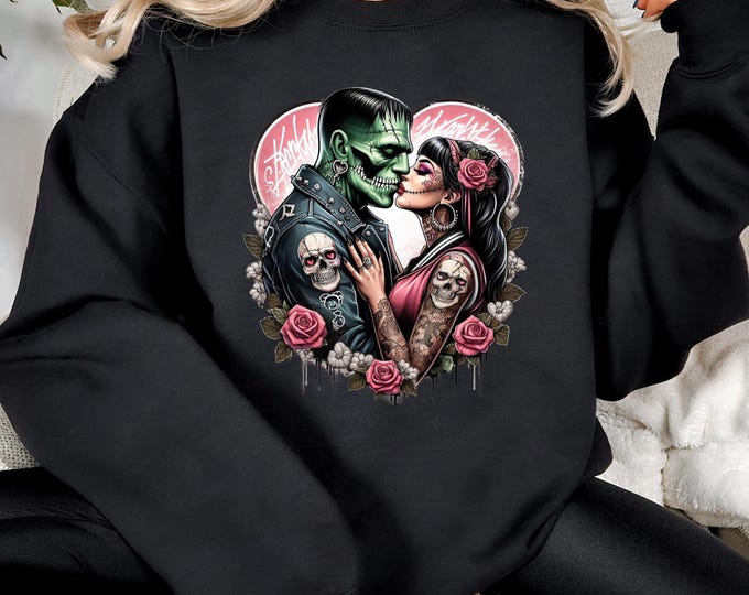 Parody Personalized Frankenstein & Bride Gothic Halloween Sweatshirt - Unisex Cozy Fall Pullover
