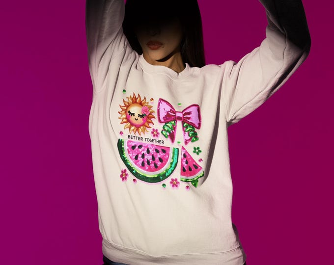 Glittery Watermelon Sweatshirt with Coquette Bow: Hyper-Realistic Sequin Art for Summer Fashion
