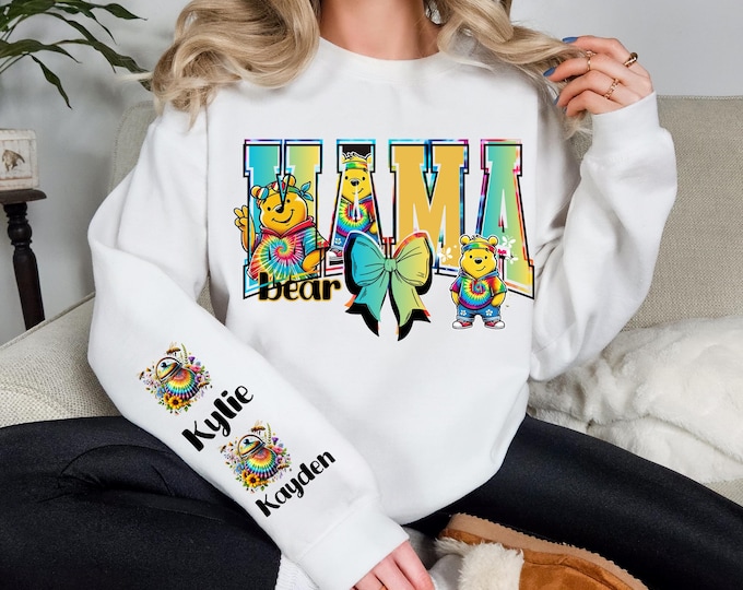 Parody Customizable Tie-Dye Winnie the Pooh Mom Sweatshirt - Unisex Crewneck Family Gift for Mother's Day