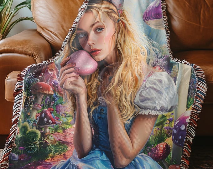 Whimsical Alice in Wonderland Psychedelic Woven Throw Blanket - Fantasy Forest Home Decor