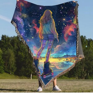 Celestial Roller Skating Woven Blanket: Galaxy Space Theme Throw for Astronomy Lovers & Home Decor