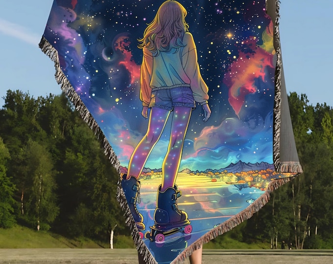 Celestial Roller Skating Woven Blanket: Galaxy Space Theme Throw for Astronomy Lovers & Home Decor