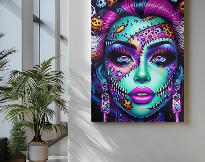 Personalizable Canvas Print, Neon Lisa Frankenstein Wall Art, Stretched Matte 0.75", Home Decor, Room Decor, Kids Room Decoration, Halloween