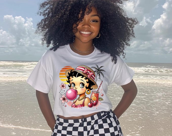 Parody Betty Boop parody Summer Beach Graphic Tee - Unisex Crew Neck DTG Printed Cartoon Character T-Shirt