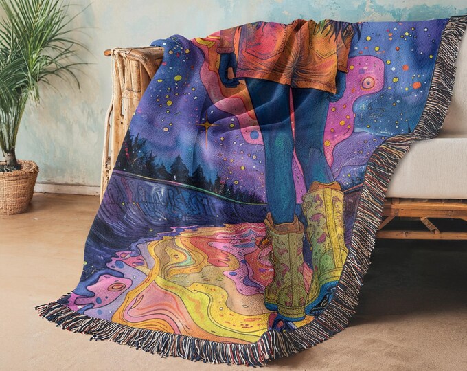 Starry Night Parody Woven Throw Blanket: Bohemian Art Tapestry