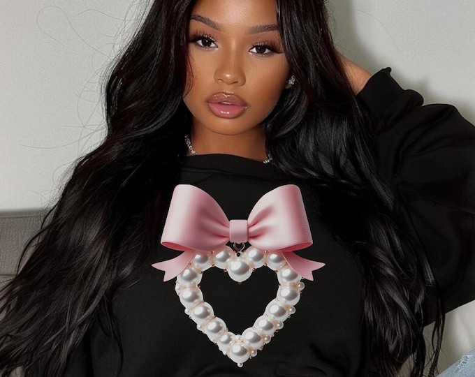 Parody Coquette Pearl Heart Crewneck: Customizable White Bow Sweater for Trendy Aesthetic Fashion