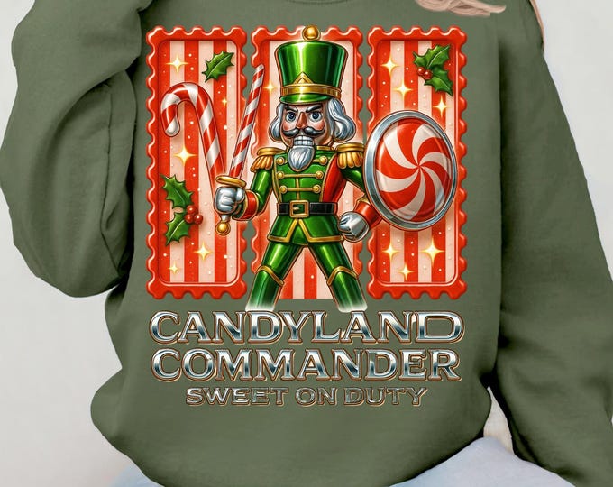 Festive Nutcracker Candyland Commander Sweatshirt: Y2K Chrome Holiday Crewneck Jumper for Christmas