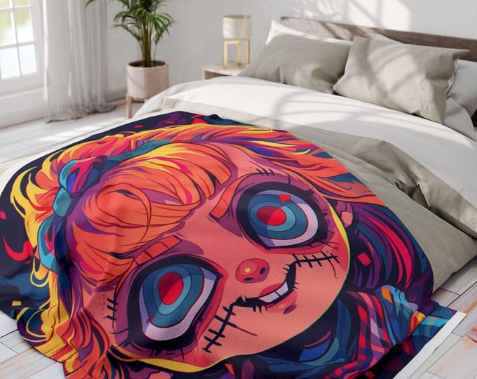 Parody Quirky Halloween Doll Fleece Throw: Cozy, Colorful Blanket for Kids' Room Decor & Snuggling