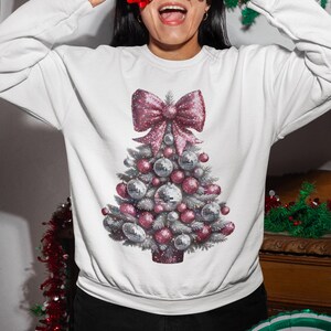 Coquette Bow Christmas Tree Sweatshirt: Festive Disco Ball Design