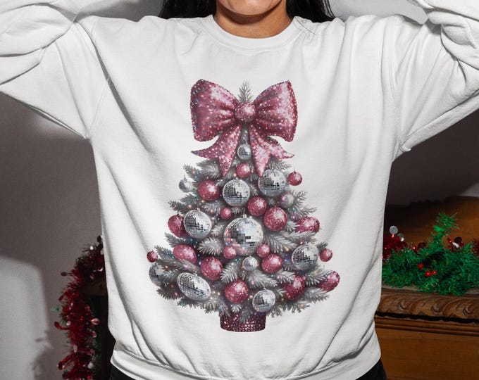 Coquette Bow Christmas Tree Sweatshirt: Festive Disco Ball Design