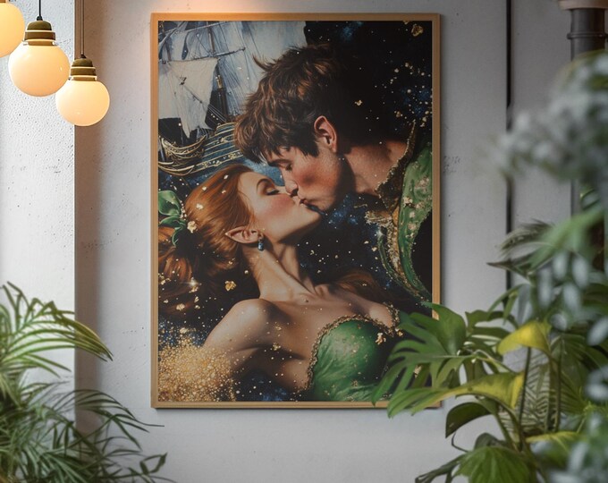 Personalizable Vertical Poster: Cottage Core Fairies in Love, Framed Art Print, Romantic Wall Decor, Fairy Tale Art, Fantasy Fairy Poster