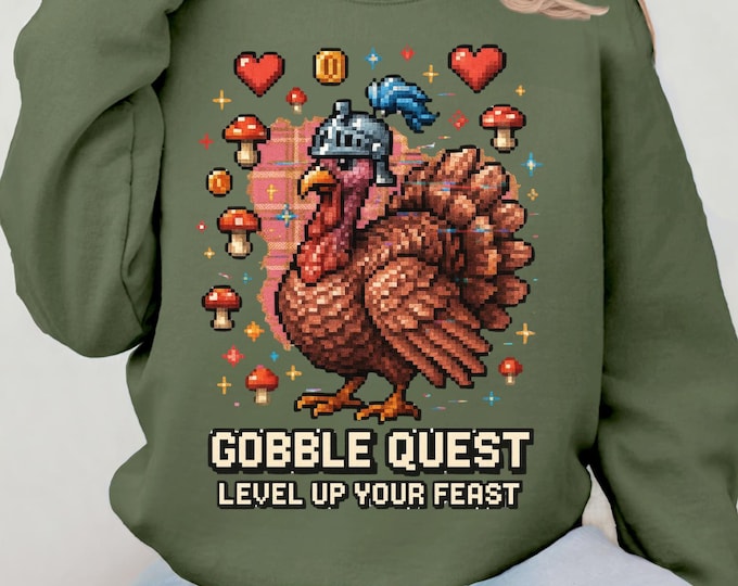 Gobble Quest Thanksgiving Gamer Sweatshirt: Retro Pixel Turkey Day Unisex Crewneck Hoodie Gift