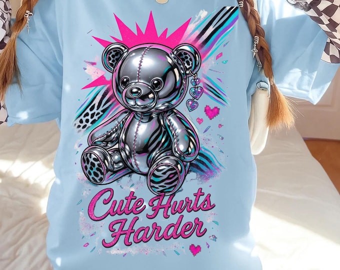 Y2K Chrome Bear Graphic Tee: Unisex Kawaii retro Fashion Heavy Cotton T-Shirt