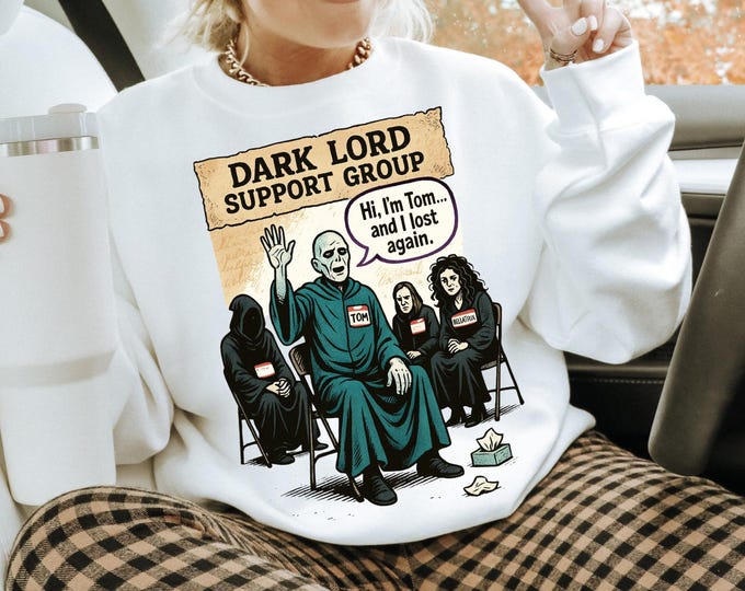 Humorous Dark Lord Support Group Crewneck: Geeky Pop Culture Sweatshirt for Nerds & Fantasy Fans