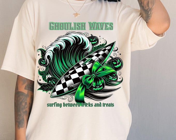 Parody Ghoulish Waves Surf Tee: Halloween Beach Lover's Unisex Retro Style Casual Wear Gift