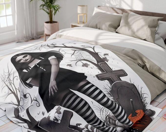 Parody Gothic Halloween Fleece Throw | Spooky Autumn Decor | Cozy Blanket for Dark Home Accents