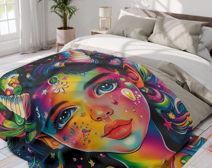 Vibrant Goddess Fleece Blanket: Magical Rainbow Art Throw