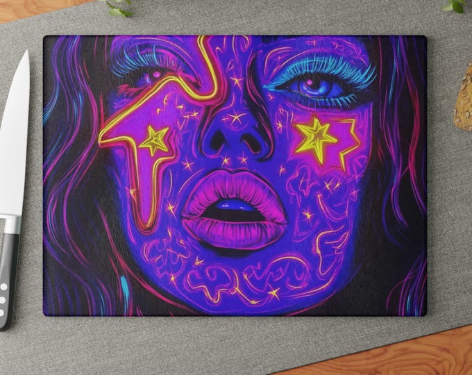 Parody Vibrant '80s Neon Glass Cutting Board: Funky Kitchen Accessory & Unique Housewarming Gift