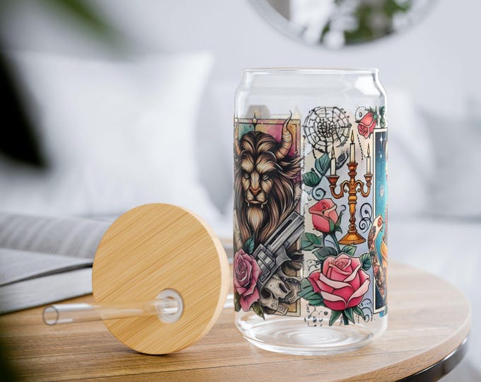 Fairy Tale Romance Sipper Glass, 16oz - Enchanted Rose, Beastly Charm, Belle's Love, Magical Castle, Tale as Old as Time, Enchanted Love,