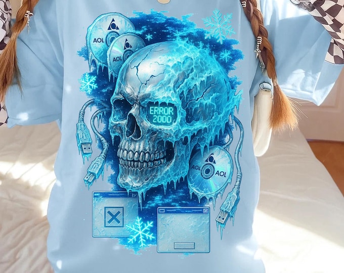 Retro Y2K Frozen Skull Graphic Tee: Spooky Halloween Horror Clothing, Unisex Cotton Creepy Top