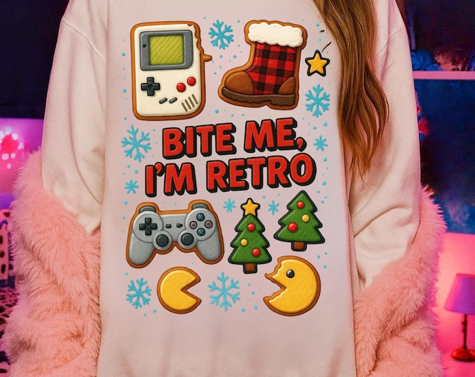 Retro Gaming Christmas Sweater: Vintage Cookie Design Unisex Holiday Crewneck for Video Game Fans