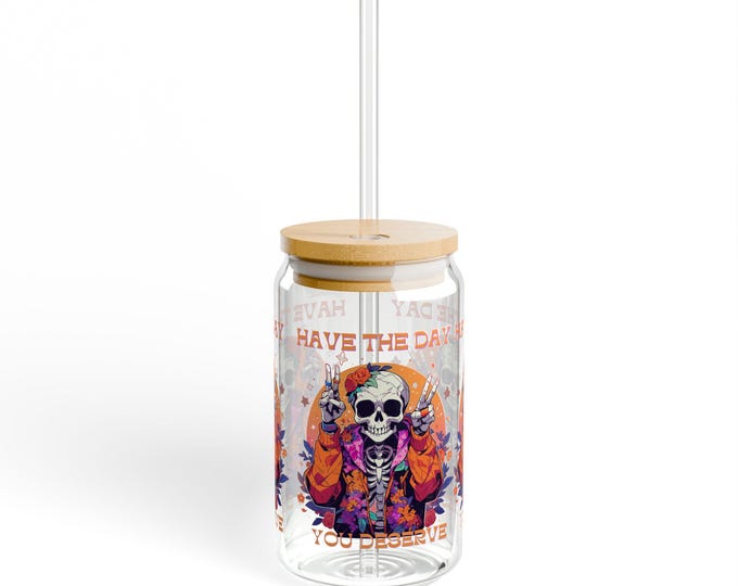 Parody Colorful Skull Sipper Glass, 16oz - Enjoy the Day, Perfect for Parties, Custom Drinkware, Gifts for Friends
