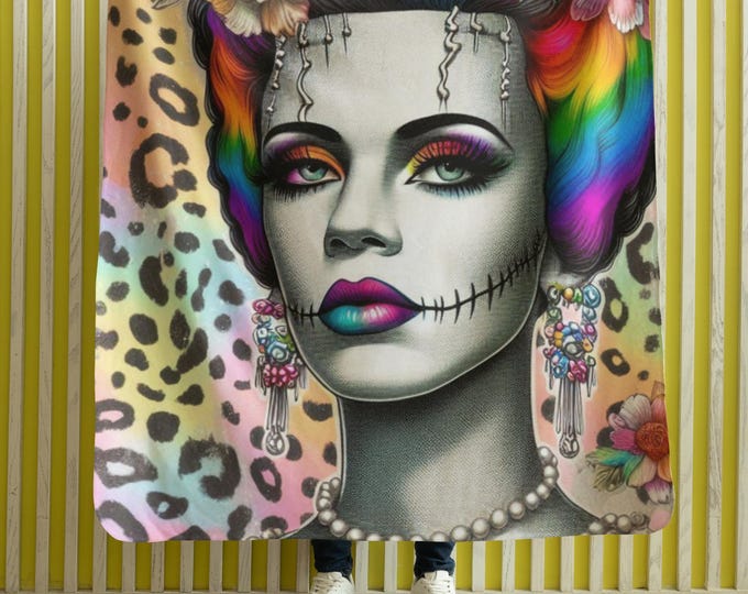 Parody Personalized Neon Halloween Leopard Sherpa Fleece Blanket - Frankenstein's Bride Fall Decor Gift