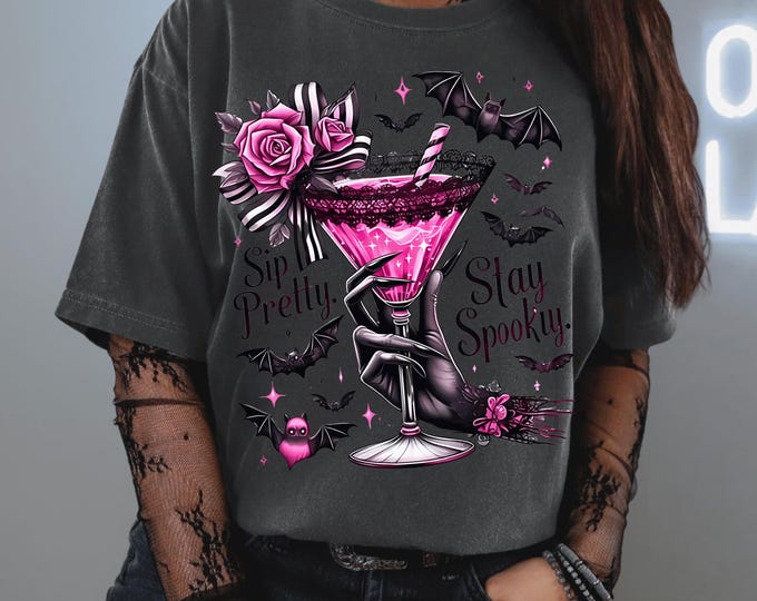 Parody Sip Pretty Stay Spooky Halloween T-Shirt | Unisex Vintage Graphic Tee for Fall Party Wear