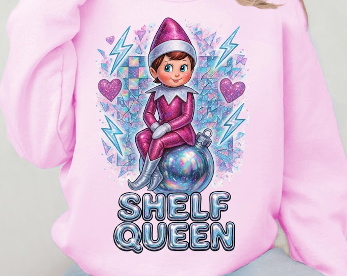 Whimsical Elf Shelf Queen Sweatshirt: Cozy Crewneck for Holiday Lounging and Festive Fashion