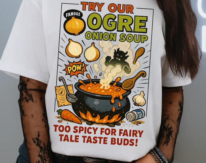 Whimsical Fairy Tale Onion Ogre Soup T-Shirt: Unique Storybook-Inspired Graphic Tee for Fantasy Lovers