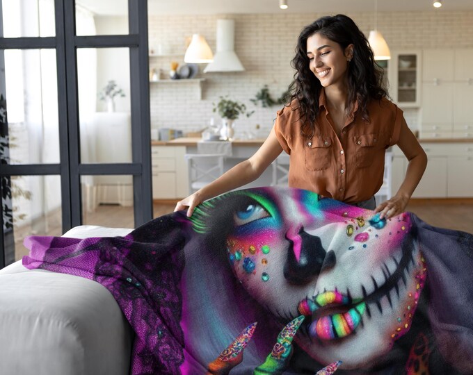 Parody Vibrant Day of the Dead Skeleton Sherpa Fleece Blanket - Cozy Gothic Halloween Decor