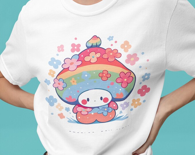 Parody Whimsical Floral Mushroom T-Shirt, Cute Graphic Tee, Casual Wear, Gift for Nature Lovers, Vibrant Summer Apparel, Colorful Unisex Tee