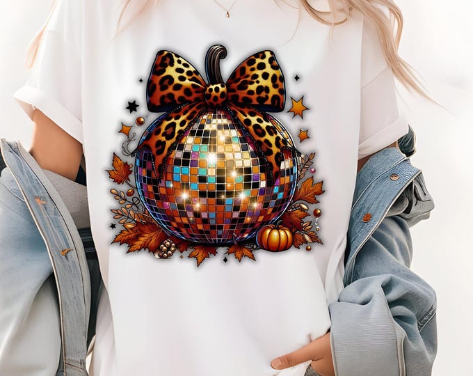 Parody Retro Leopard Pumpkin Tee: Unisex Halloween Disco Thanksgiving Graphic Shirt for Fall Fashion