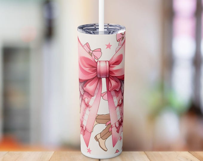 Cowgirl Coquette Bow Skinny Tumbler with Straw, 20oz - Western Cup, Western Tumbler, Cowgirl Gift, Rodeo Drinkware, Country Western Decor