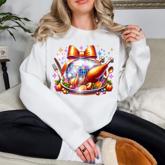 Personalizable Disco Ball Turkey Sweatshirt - Festive Thanksgiving Apparel