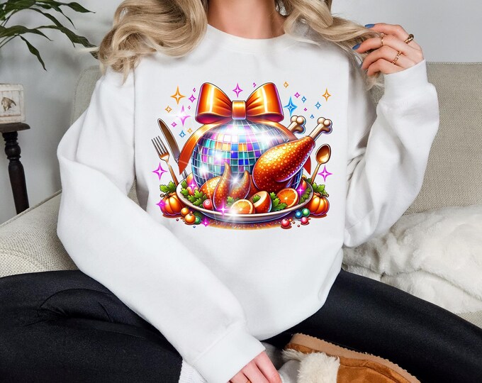 Personalizable Disco Ball Turkey Sweatshirt - Festive Thanksgiving Apparel