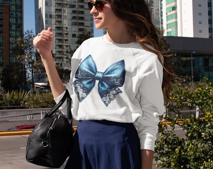 Blue Jean Coquette Bow Sweatshirt: Vintage 90s Denim Print Crewneck