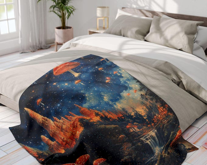 Parody Enchanted Mushroom Landscape Fleece Throw: Cozy Boho Decor for Nature Lovers & Stargazers