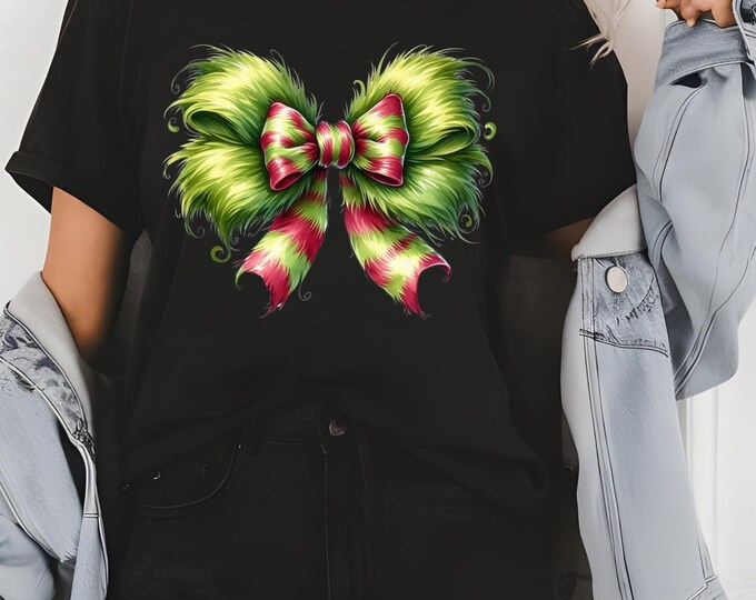 Parody Personalizable Green Monster Grinch Christmas Bow T-Shirt - Fun and Festive Holiday Apparel