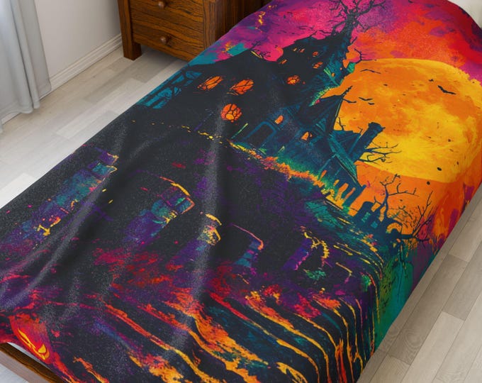 Haunting Moonlit Velveteen Plush Blanket: Gothic Halloween Throw for Spooky Home Decor