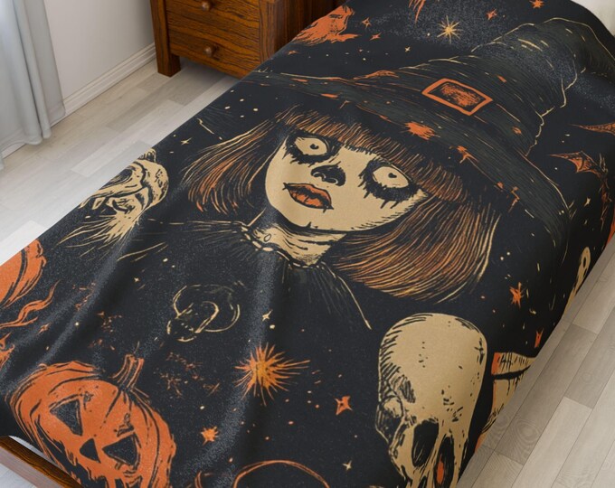 Whimsical Velveteen Witch Blanket: Cozy Halloween Throw for Spooky Decor & Haunted House Vibes