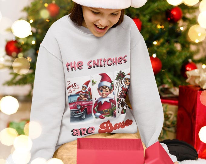 Cheeky Elf Parody Youth Sweatshirt - Snitches Are Back Holiday Jumper for Kids and Teens