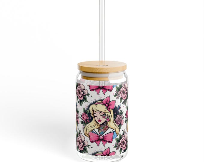 Floral Tattoo Princess Sipper Glass: 16oz Boho Drinkware