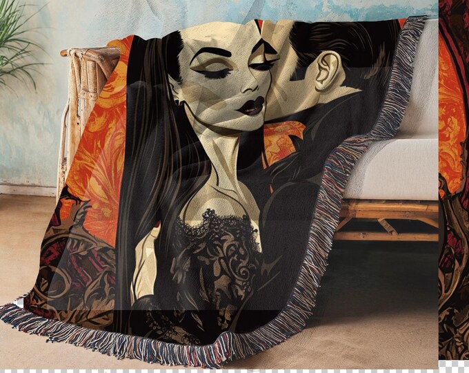 Gothic Romance Woven Cotton Blanket: Parody Throw with Fringe