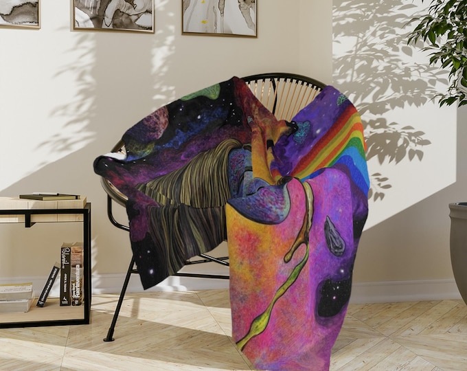 Cosmic Velveteen Microfiber Blanket: Psychedelic Rainbow Art Throw for Cozy Evenings & Unique Gifts