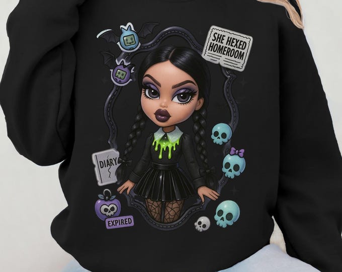 Gothic Character Halloween Crewneck: Unisex Spooky Streetwear, Cozy Fall Fashion Gift for Fans
