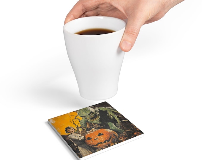 Parody Vintage Halloween Ceramic Coaster, Spooky Drink Coaster, Halloween Decor, Retro Coaster Set, Unique Gift for Halloween