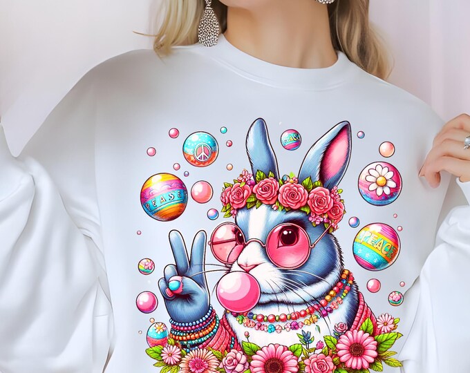 Easter Bunny Sweatshirt: Hippie Peace Sign, Unisex Crewneck